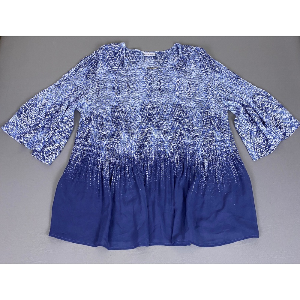 Catherines Tunic Top Women's Plus 1X Blue Ombre Pleated Peplum 3/4 Bell Sleeve